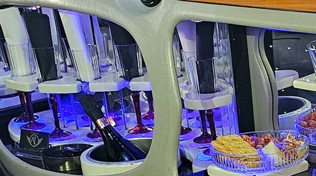 Champagne bar with illuminated flutes, ice bucket and tapas inside the Algarve Limos stretch limousine