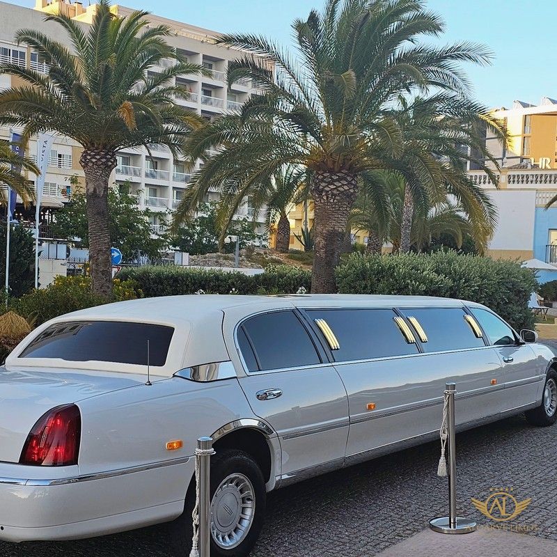 Algarve Limos wedding limousine between the palms at a hotel in Alvor